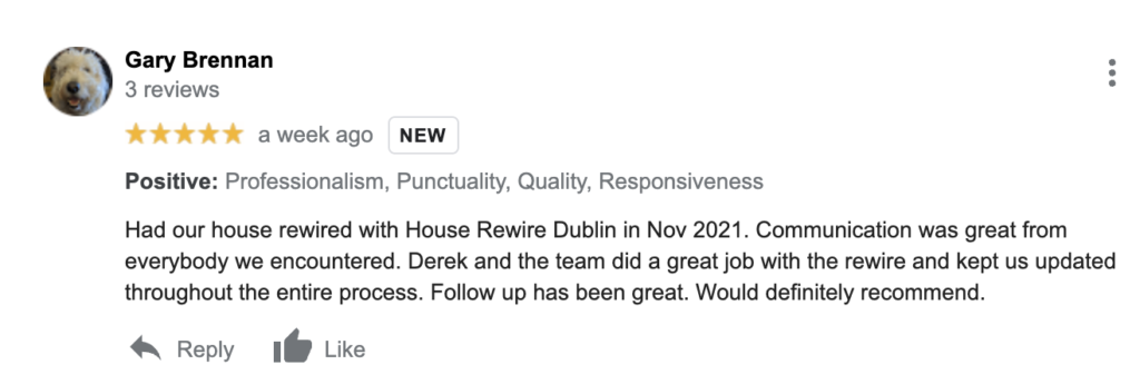 House rewire Dublin client reviews and testimonials