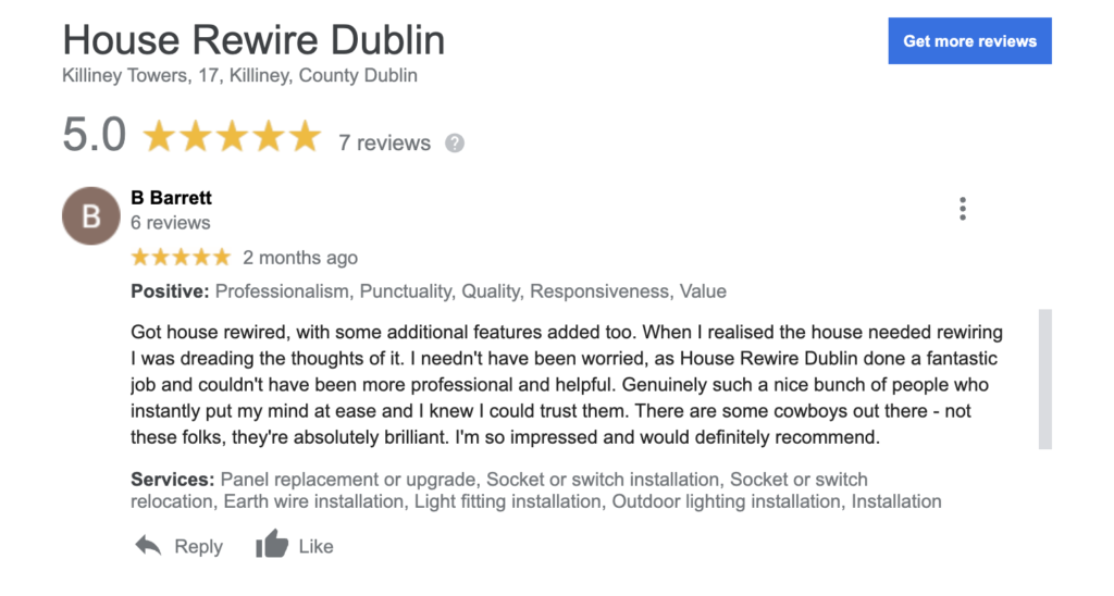 House rewire Dublin client reviews and testimonials